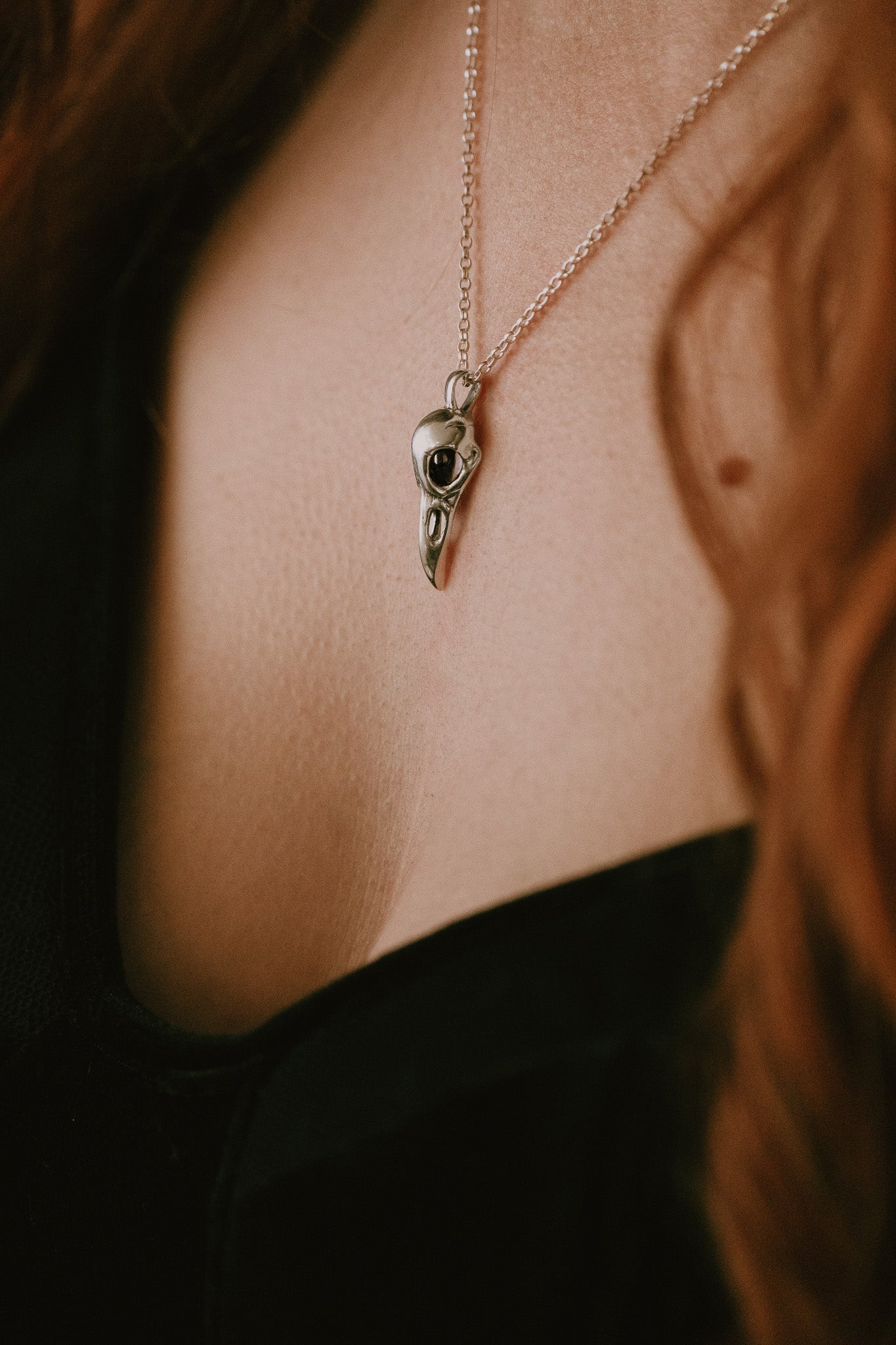 Raven Skull Silver Pendant Necklace