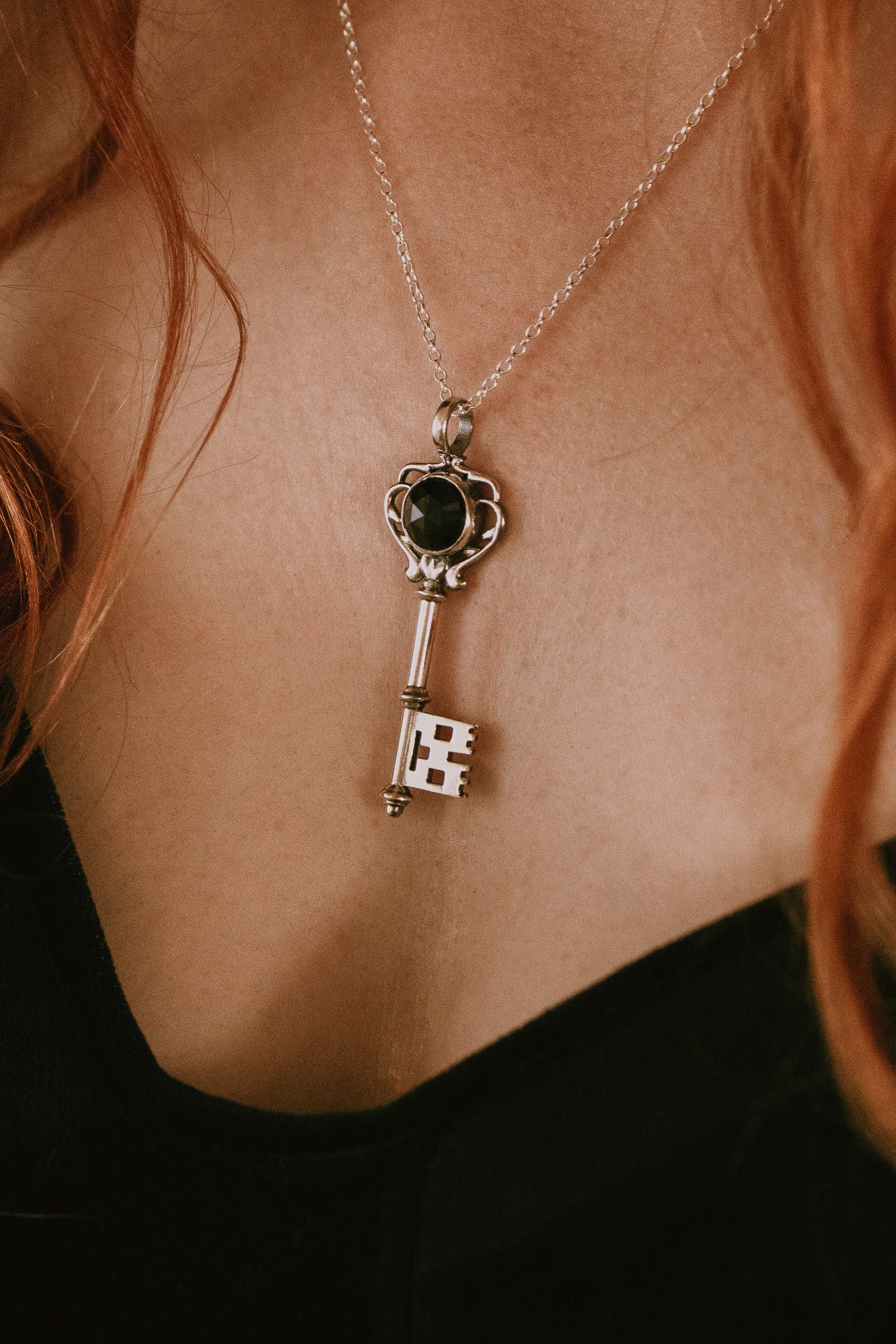 Gothic Key Large Gemstone Pendant Necklace with Black Spinel