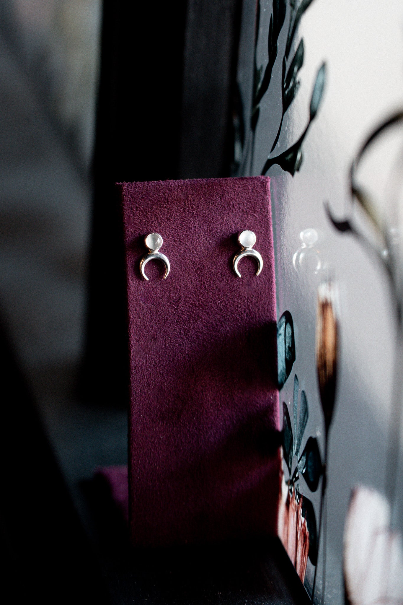 Silver Moonstone Lunula Stud Earrings