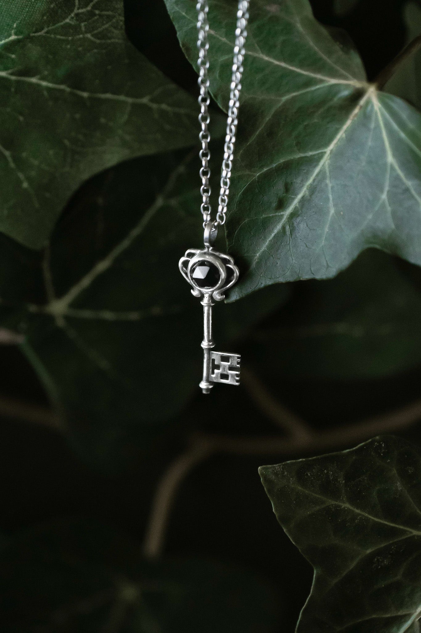 Gothic Key Small Pendant Necklace with Black Spinel