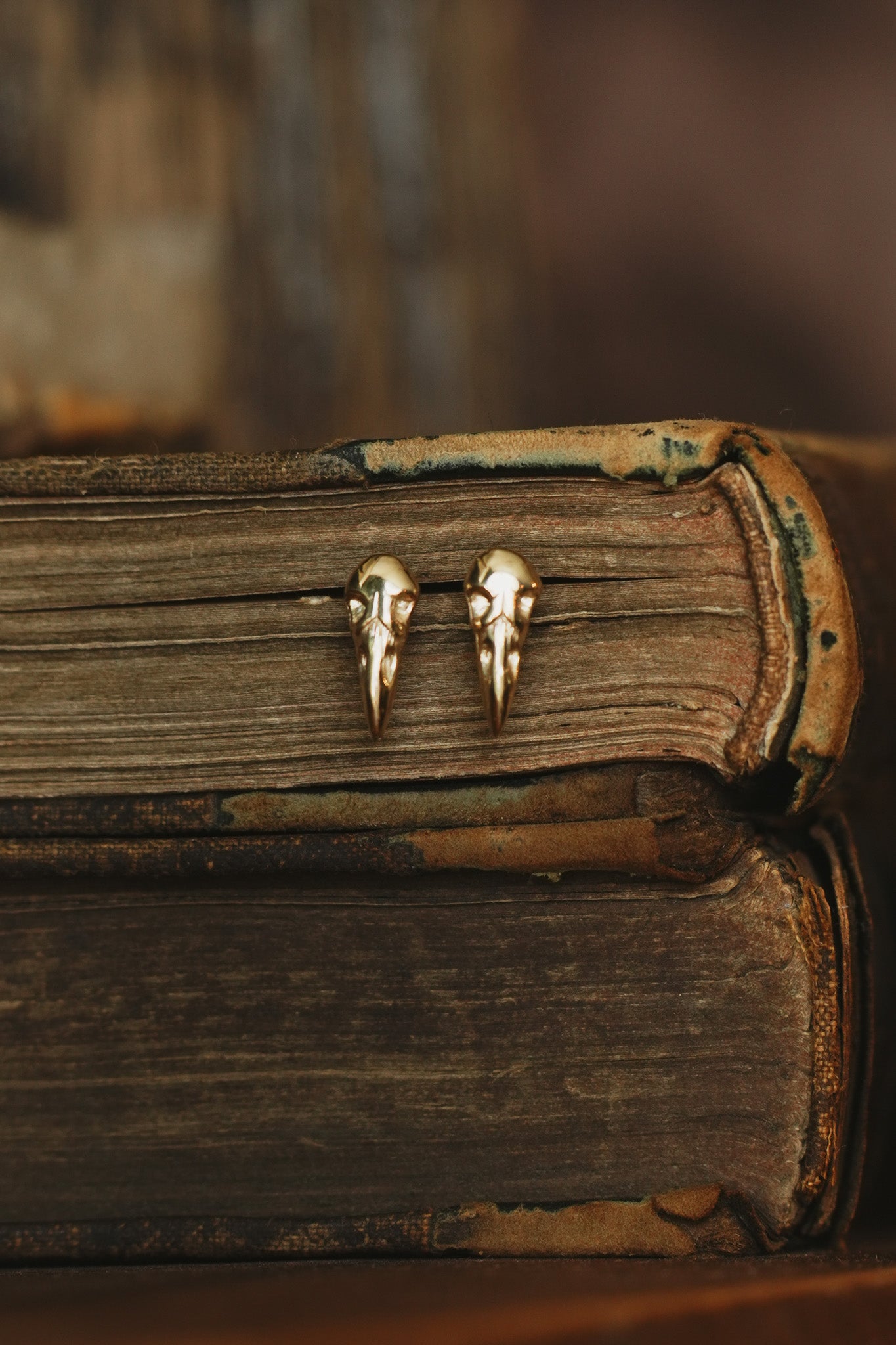 Gold Raven Skull Stud Earrings