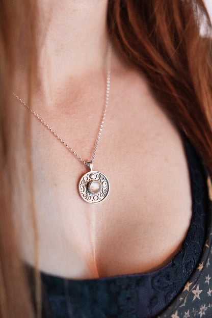 Moon Phase Silver and Moonstone Talisman Pendant Necklace