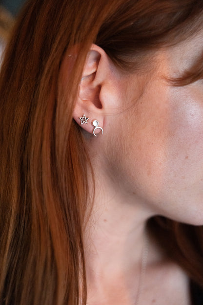 Silver Moonstone Lunula Stud Earrings