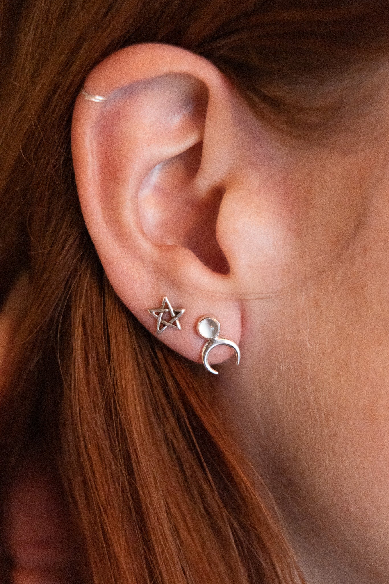 Silver Moonstone Lunula Stud Earrings