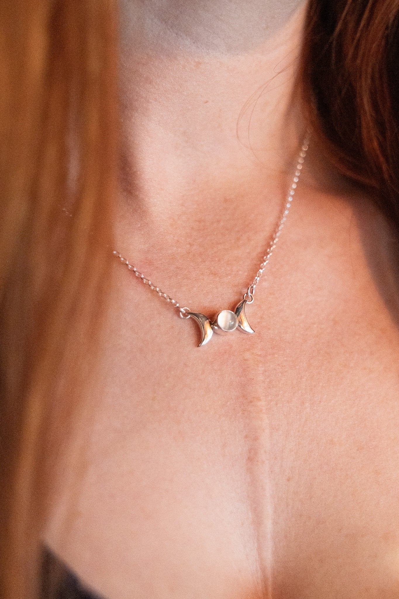 Moonstone Triple Moon Goddess Silver Necklace