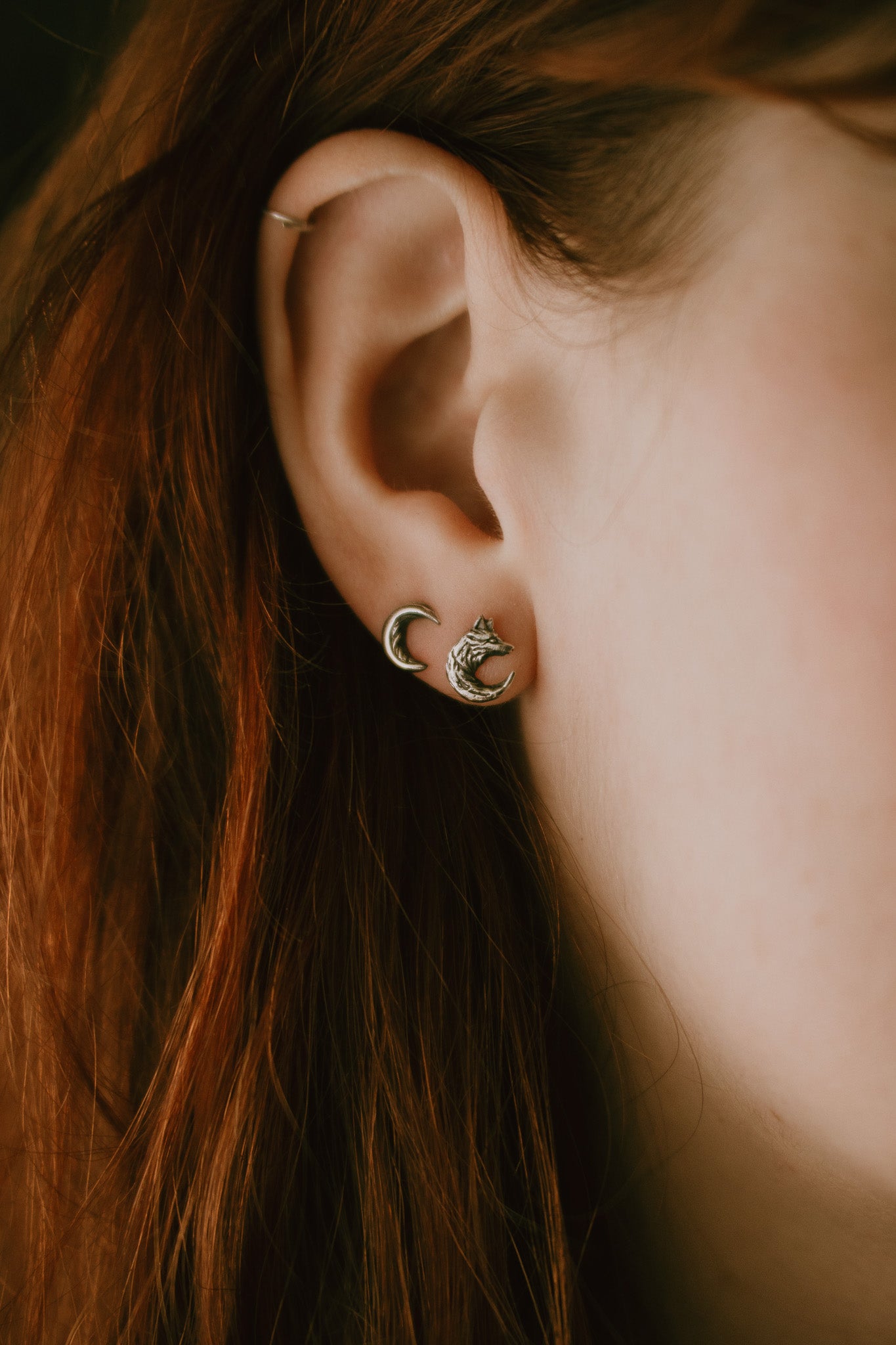 Wolf Moon - Mixed Wolf and Moon Stud Earrings