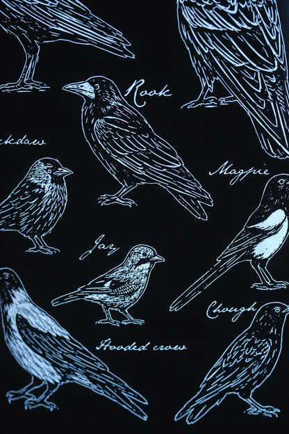A close-up of a black fabric featuring a  white illustration of various covid species labeled with handwritten names such as 'Rook', 'Magpie', 'Jay', and 'Cough'.