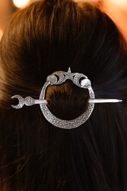 Arianrhod Moon and Stars Sterling Silver Hair Circlet Slide and Pin