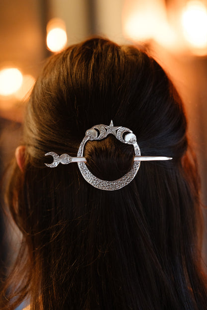 Arianrhod Moon and Stars Sterling Silver Hair Circlet Slide and Pin