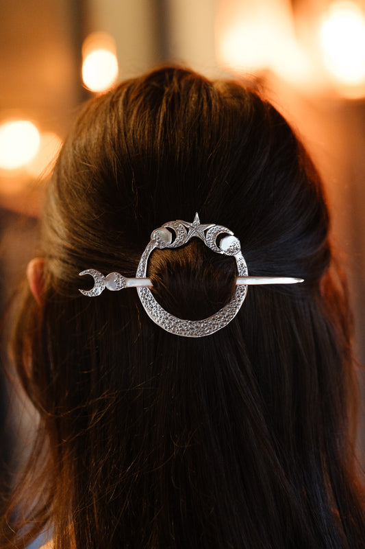 Arianrhod Moon and Stars Sterling Silver Hair Circlet Slide and Pin