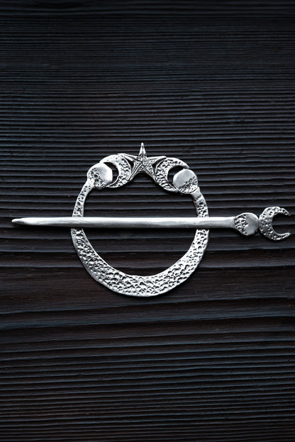 Arianrhod Moon and Stars Sterling Silver Hair Circlet Slide and Pin