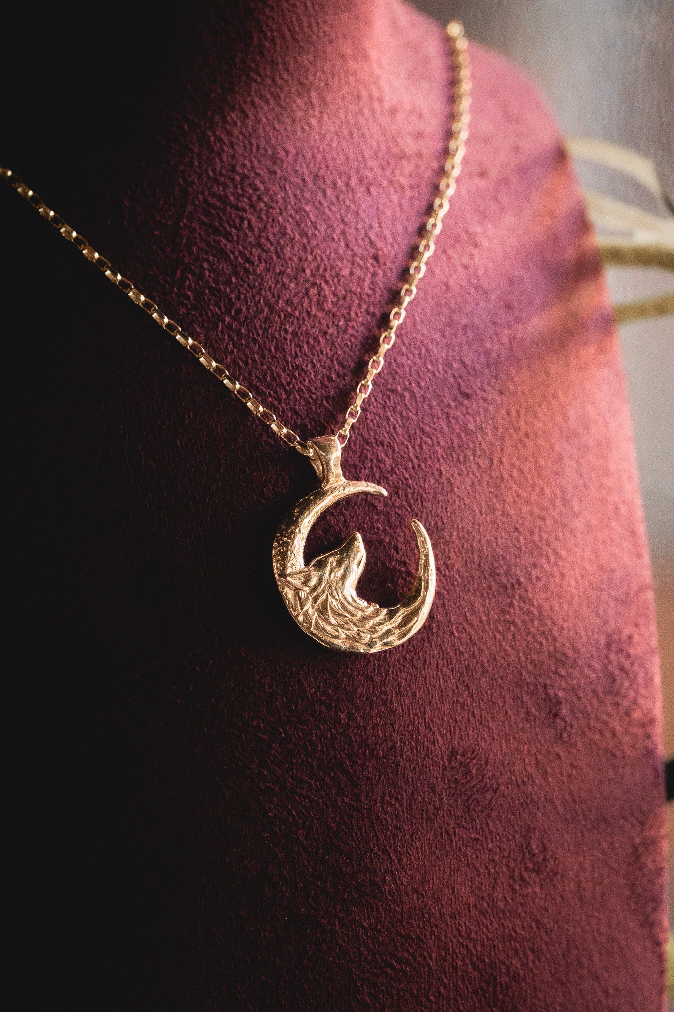 Gold Wolf Moon Silver Pendant Necklace