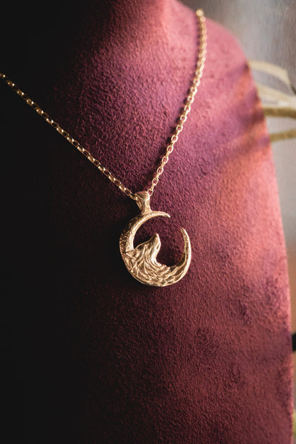 Gold Wolf Moon Silver Pendant Necklace