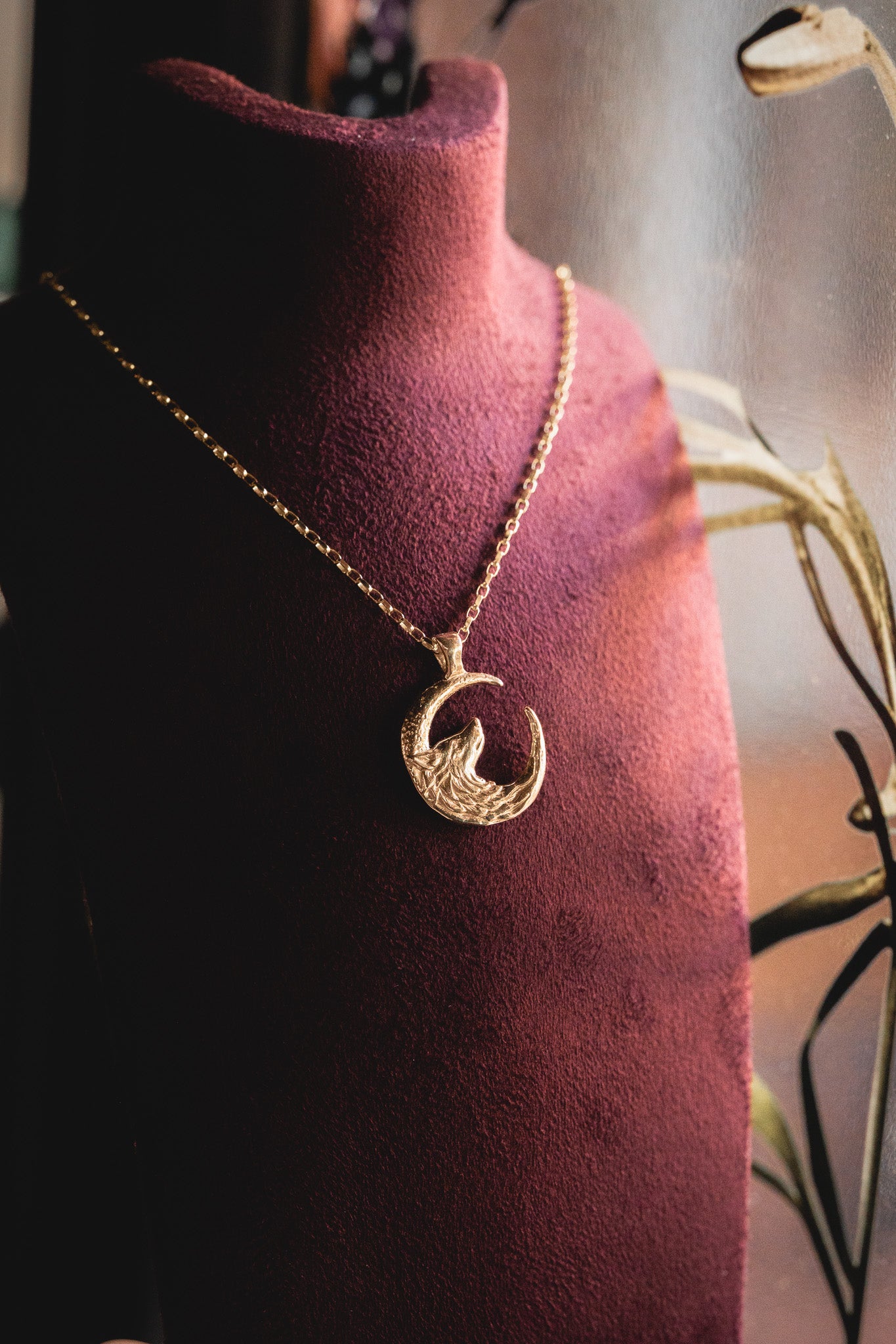 Gold Wolf Moon Silver Pendant Necklace