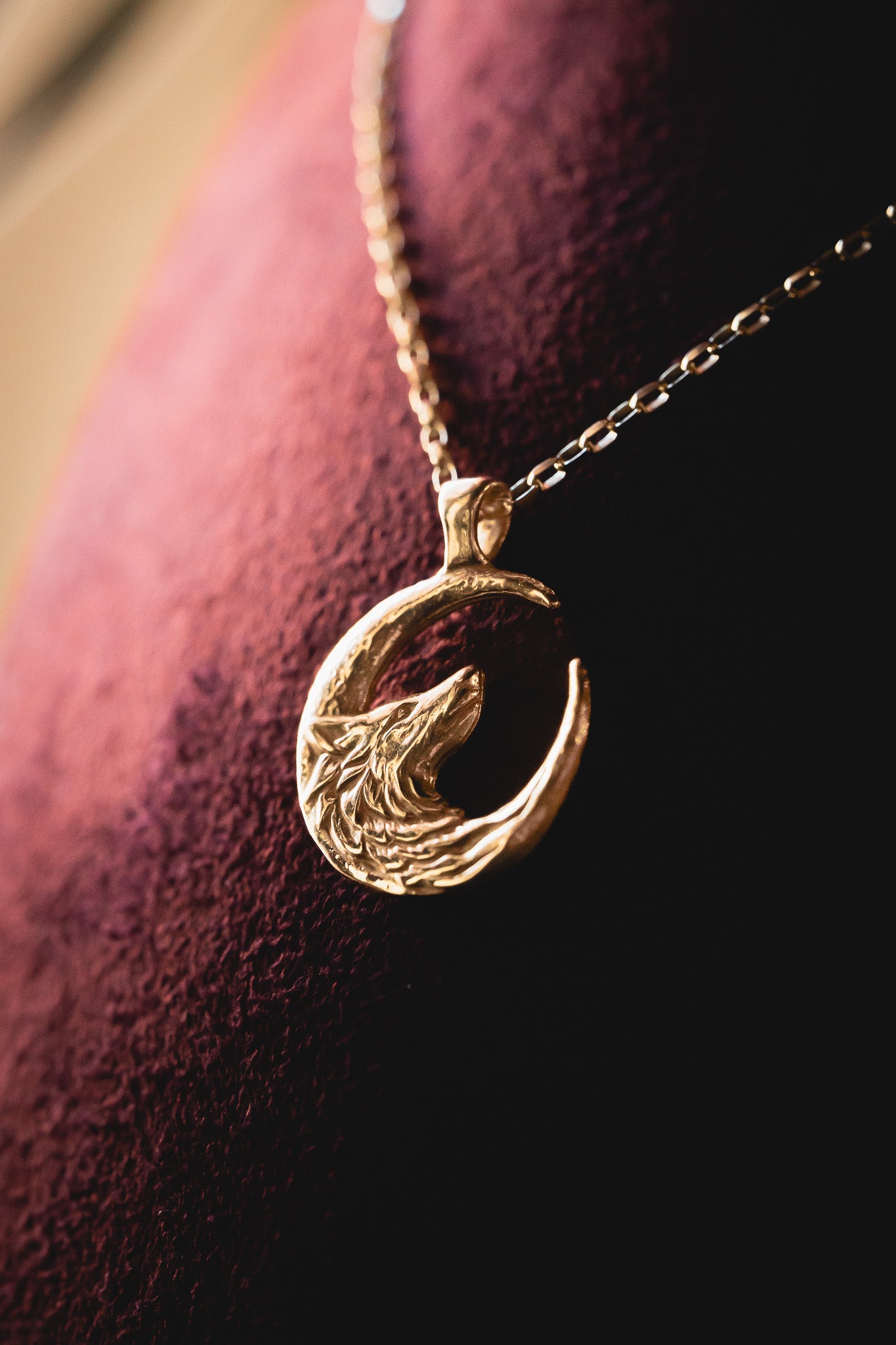 Gold Wolf Moon Silver Pendant Necklace