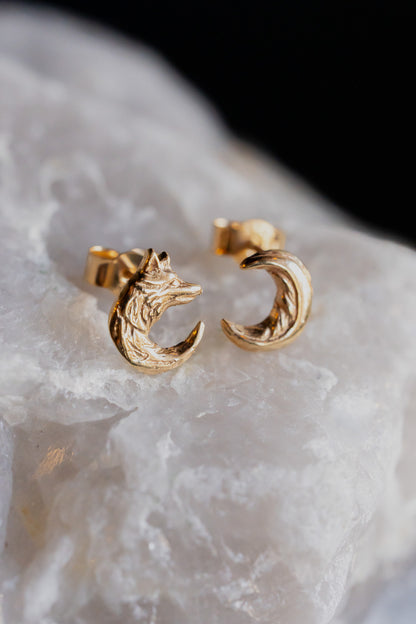 Gold Wolf Moon Stud Earrings