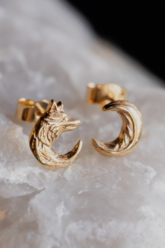 Gold Wolf Moon Stud Earrings