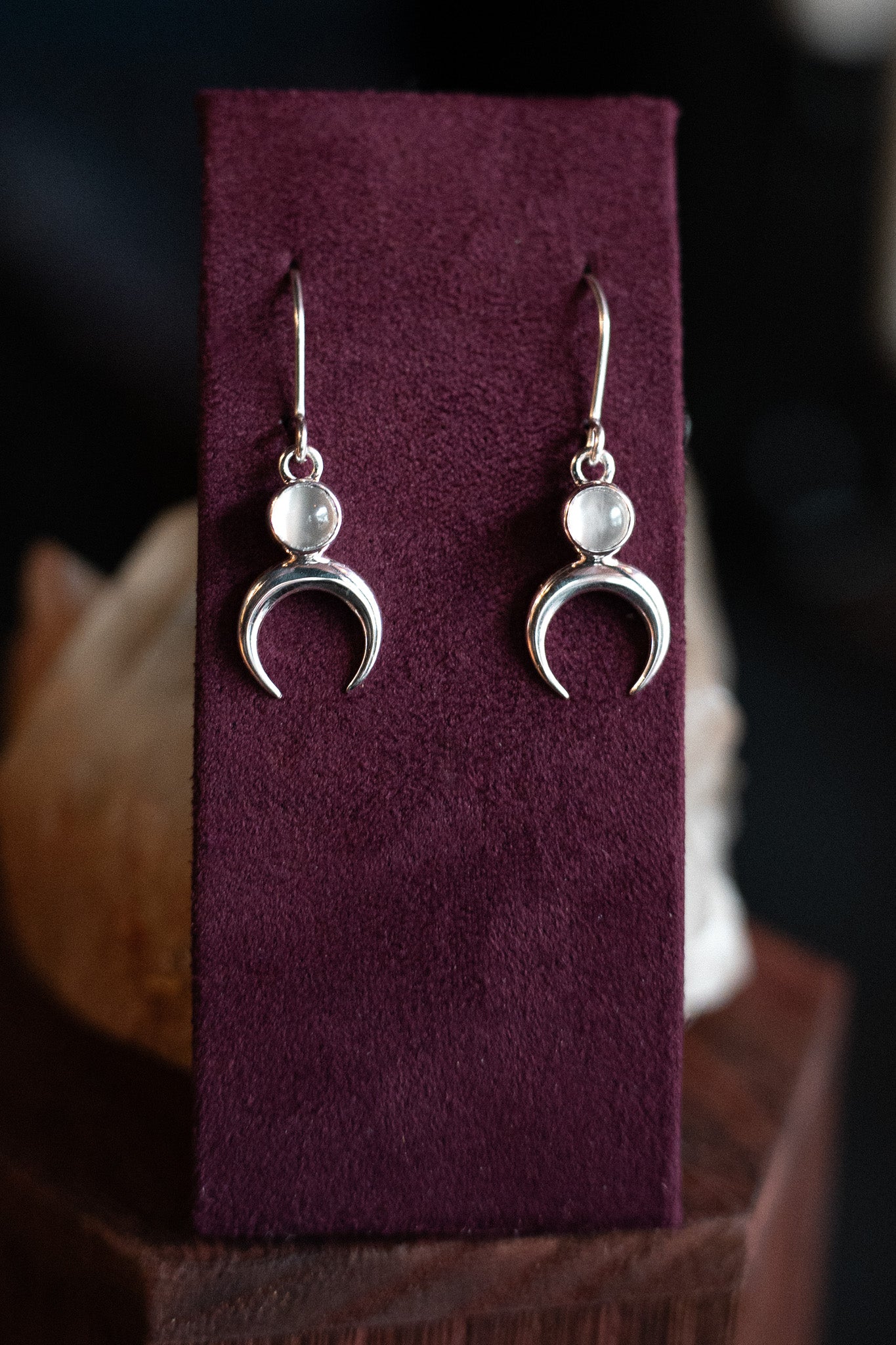 Silver Moonstone Lunula Dangle Earrings