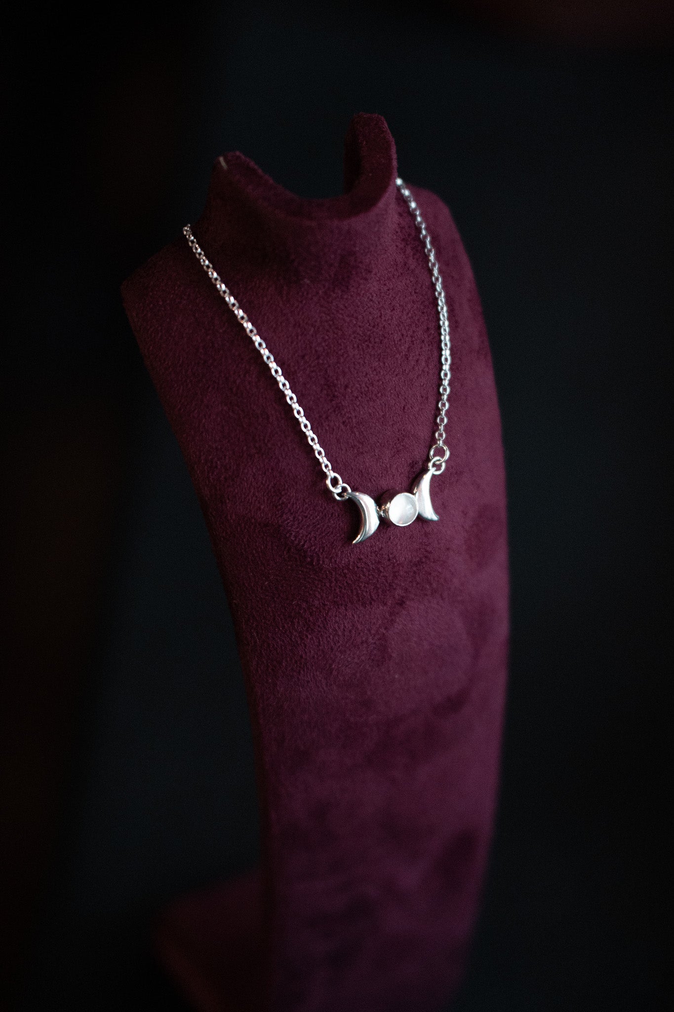 Moonstone Triple Moon Goddess Silver Necklace