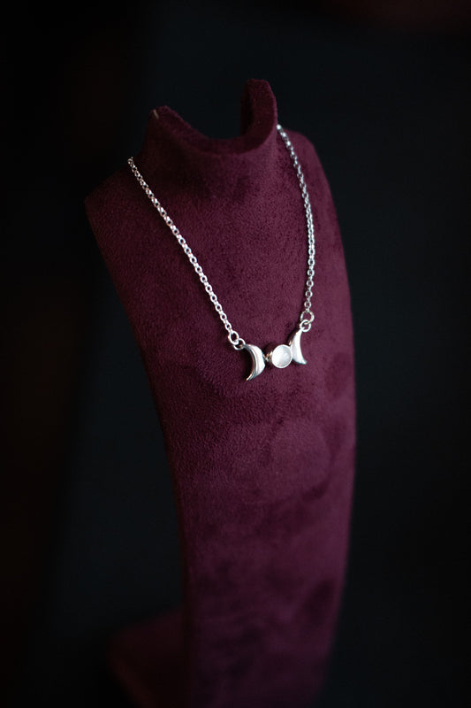 Moonstone Triple Moon Goddess Silver Necklace