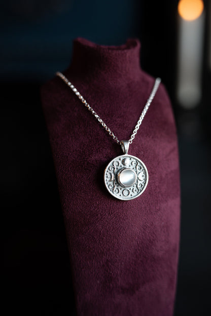 Moon Phase Silver and Moonstone Talisman Pendant Necklace