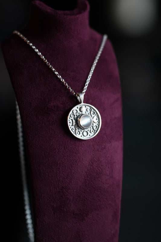 Moon Phase Silver and Moonstone Talisman Pendant Necklace