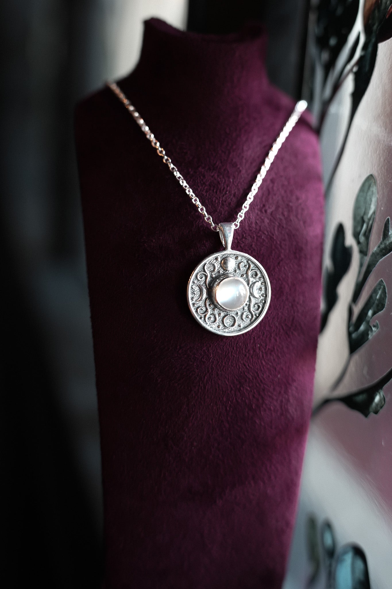 Moon Phase Silver and Moonstone Talisman Pendant Necklace