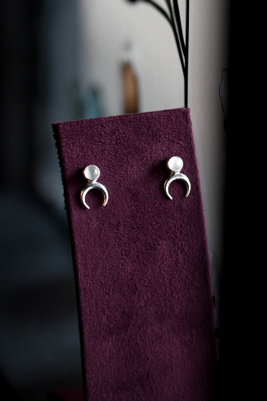 Silver Moonstone Lunula Stud Earrings
