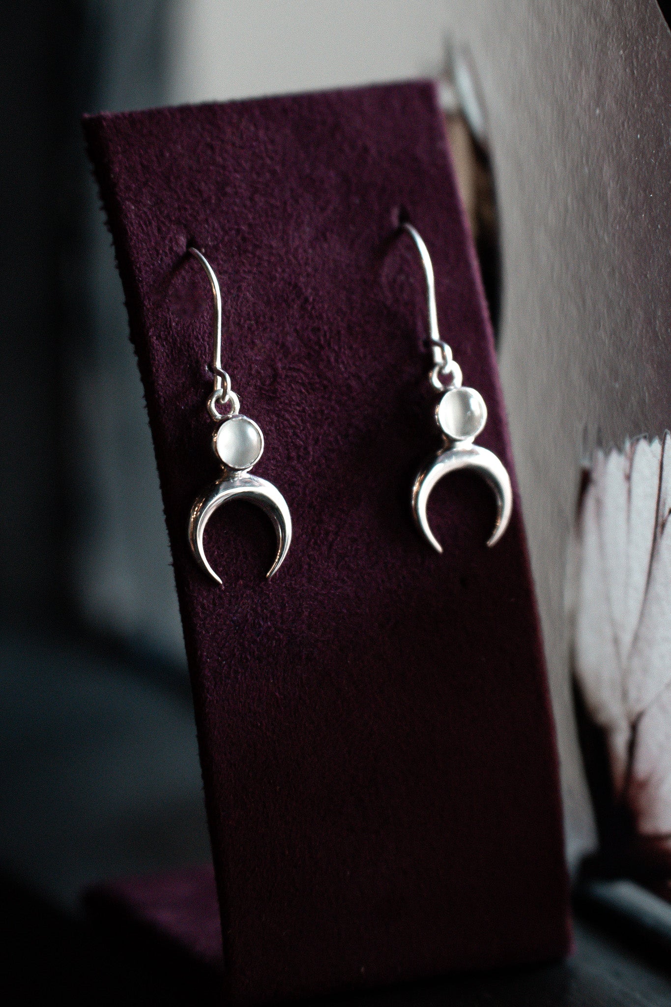 Silver Moonstone Lunula Dangle Earrings