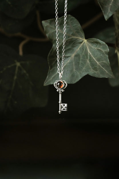 Gothic Key Small Pendant Necklace with Garnet