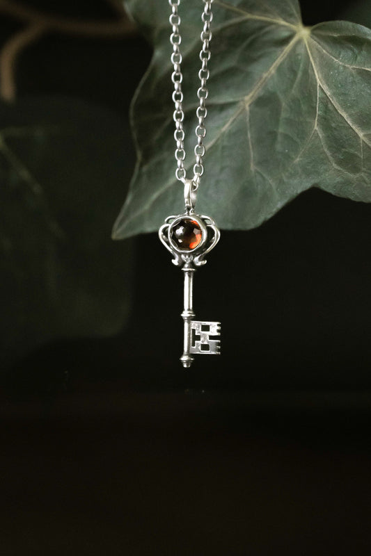 Gothic Key Small Pendant Necklace with Garnet