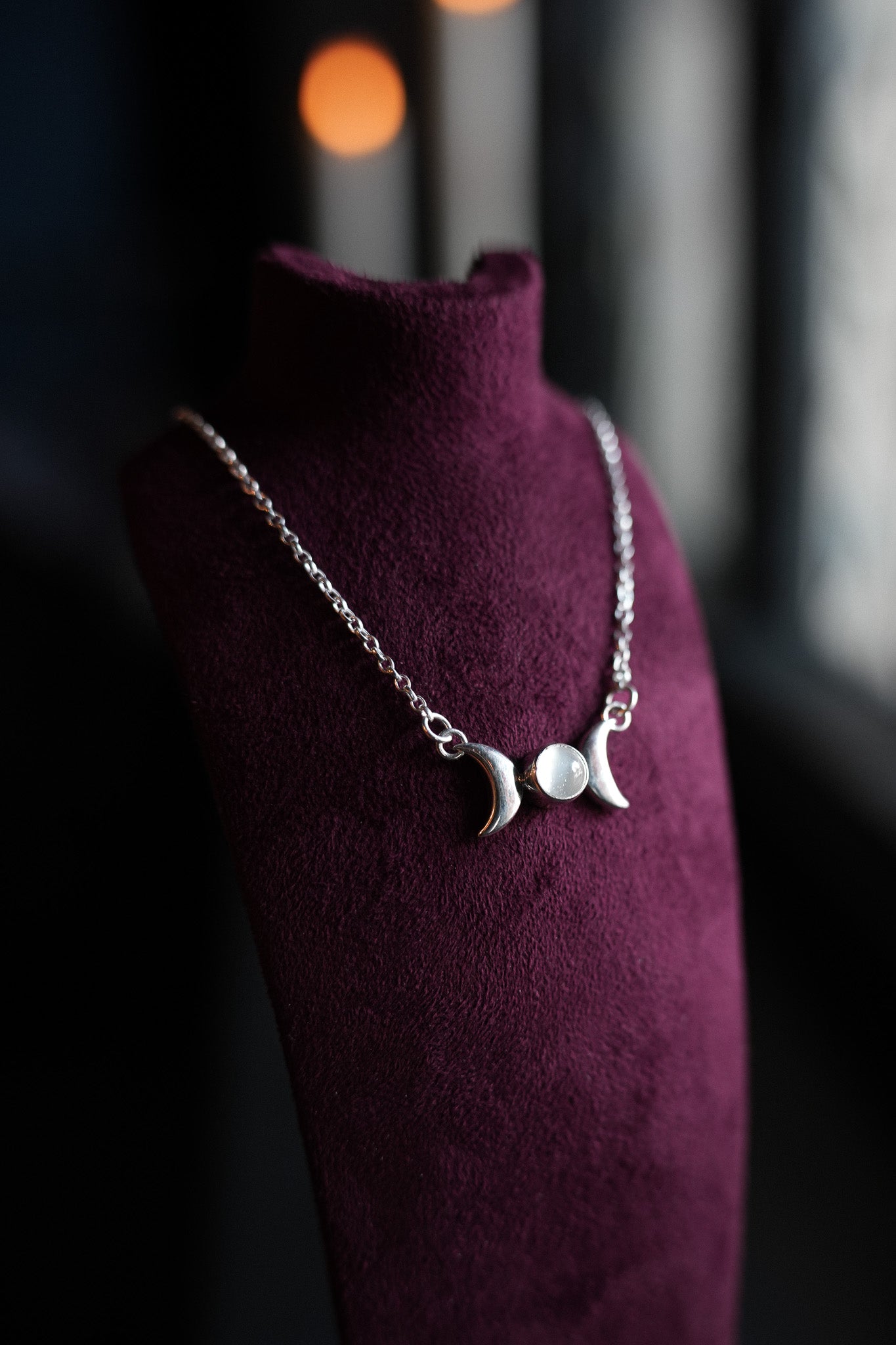 Moonstone Triple Moon Goddess Silver Necklace