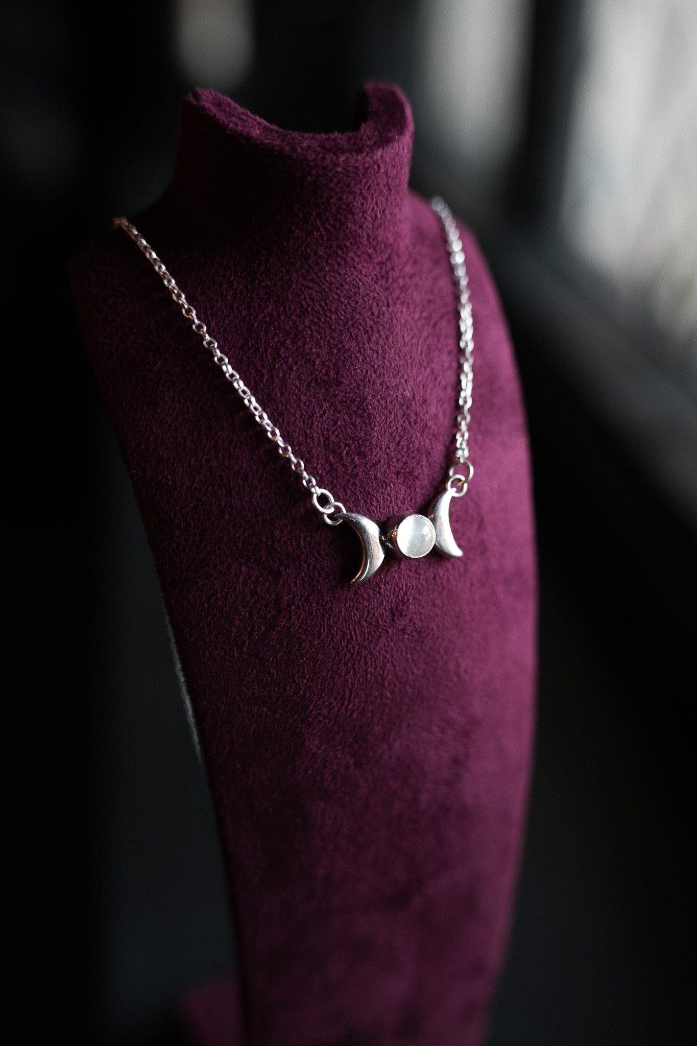 Moonstone Triple Moon Goddess Silver Necklace