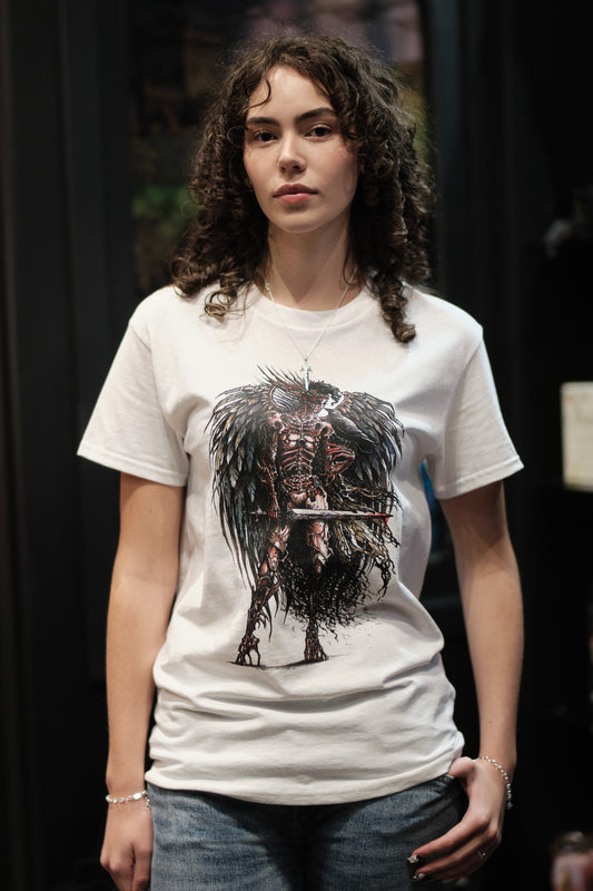 White Morrigan T-Shirt - Celtic goddess of Battle, Sovereignty, Fate and Prophetic Insight (by Artist Julia Ashby Smyth for Sacred Clan)