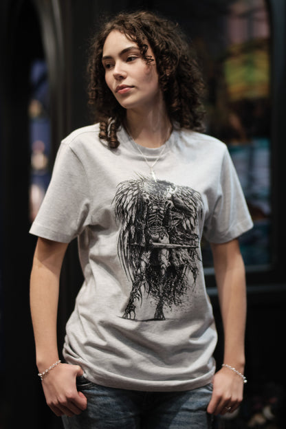 Grey Morrigan T-Shirt - Celtic goddess of Battle, Sovereignty, Fate and Prophetic Insight (by Artist Julia Ashby Smyth for Sacred Clan)