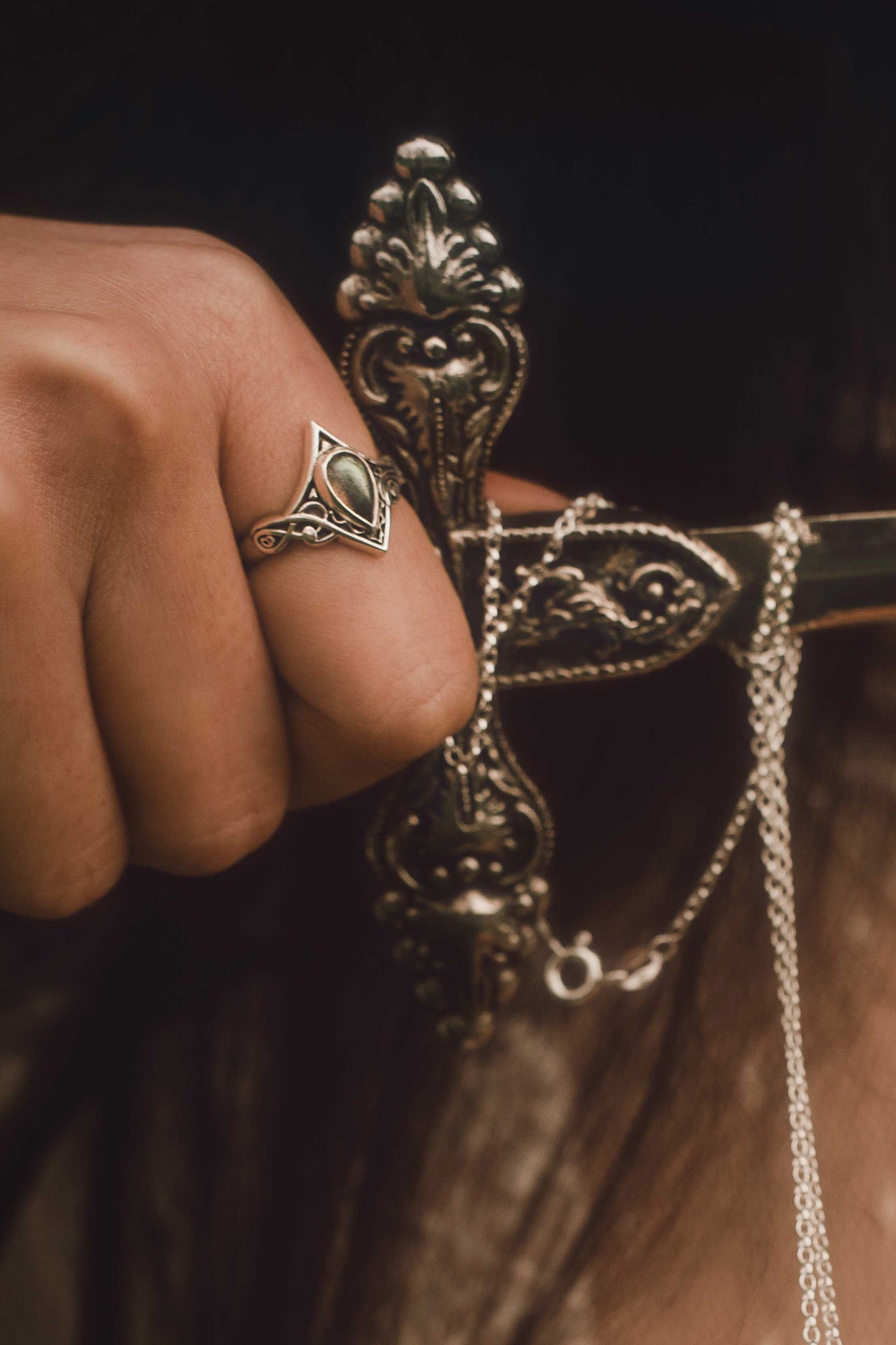 The Morrigans Tear Gothic Ring - with Labradorite or Garnet