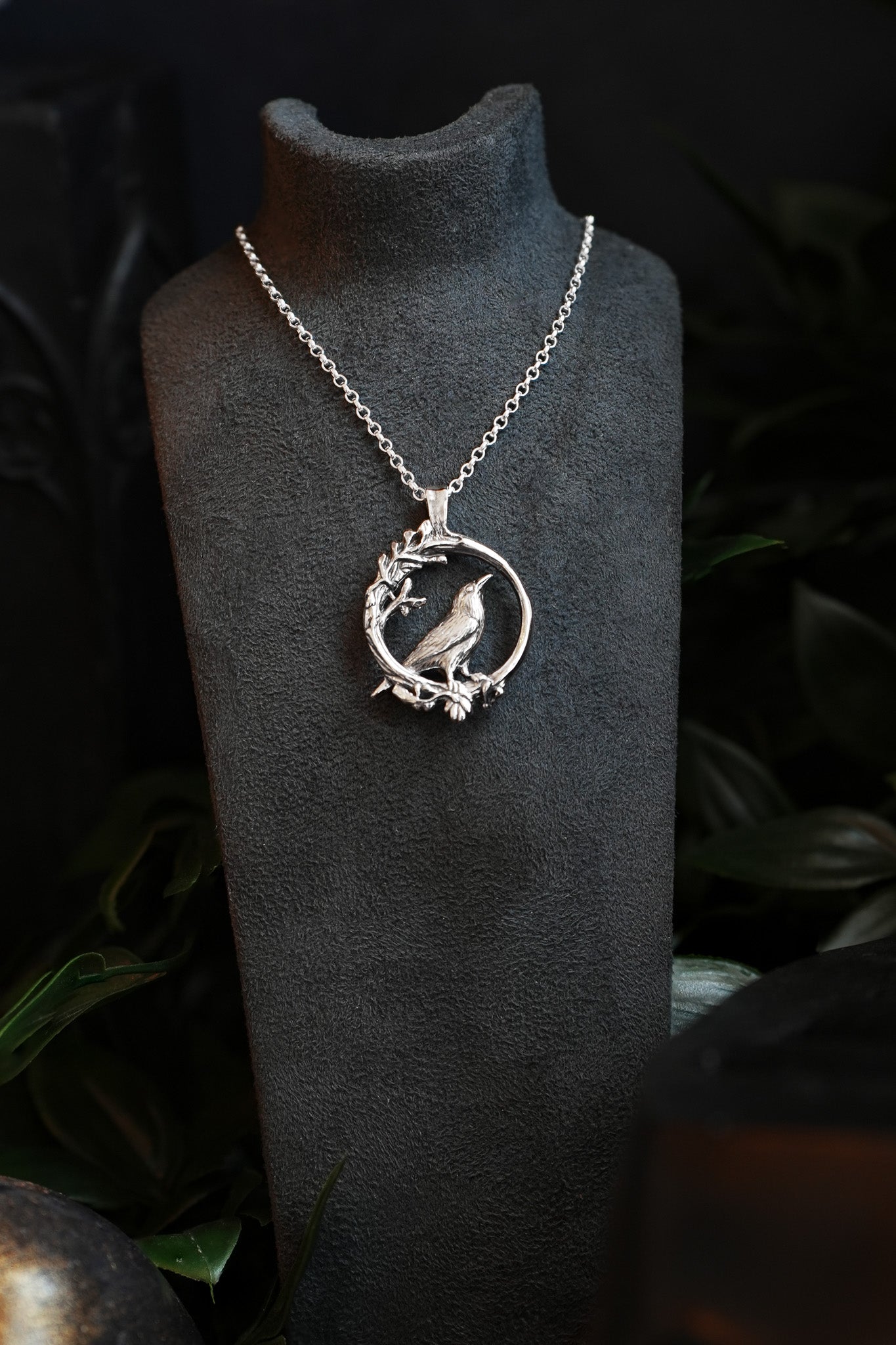 Raven Branch Silver Pendant Necklace