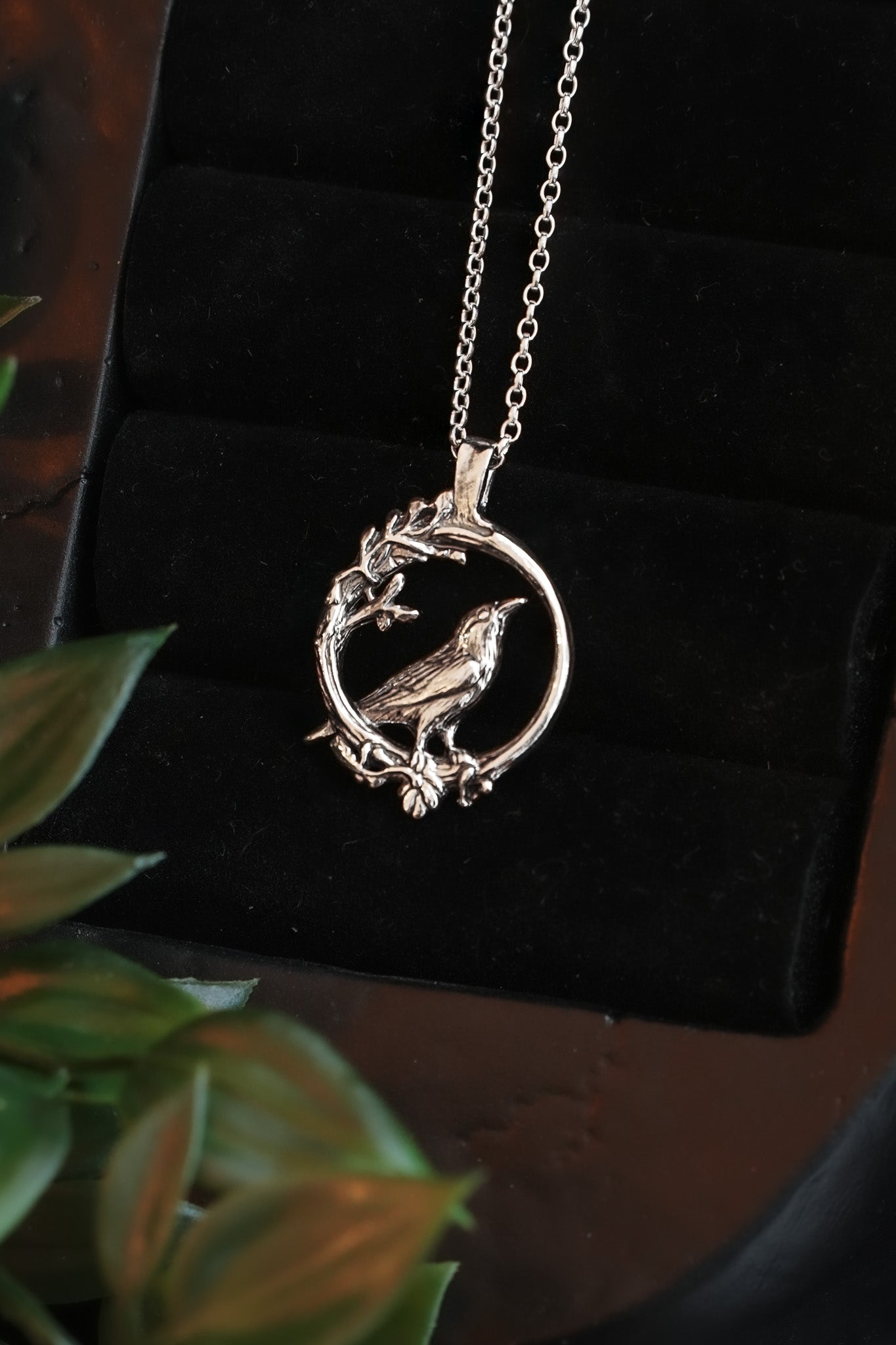 Raven Branch Silver Pendant Necklace
